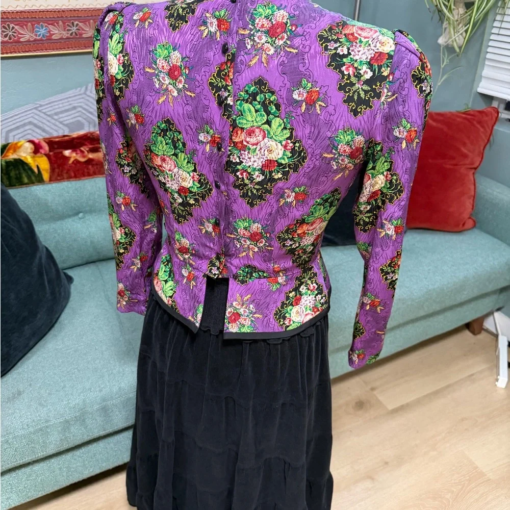 VTG Richard Warren 80’s Purple floral structured silk peplum mandarin Blouse 6P - Picture 9 of 16